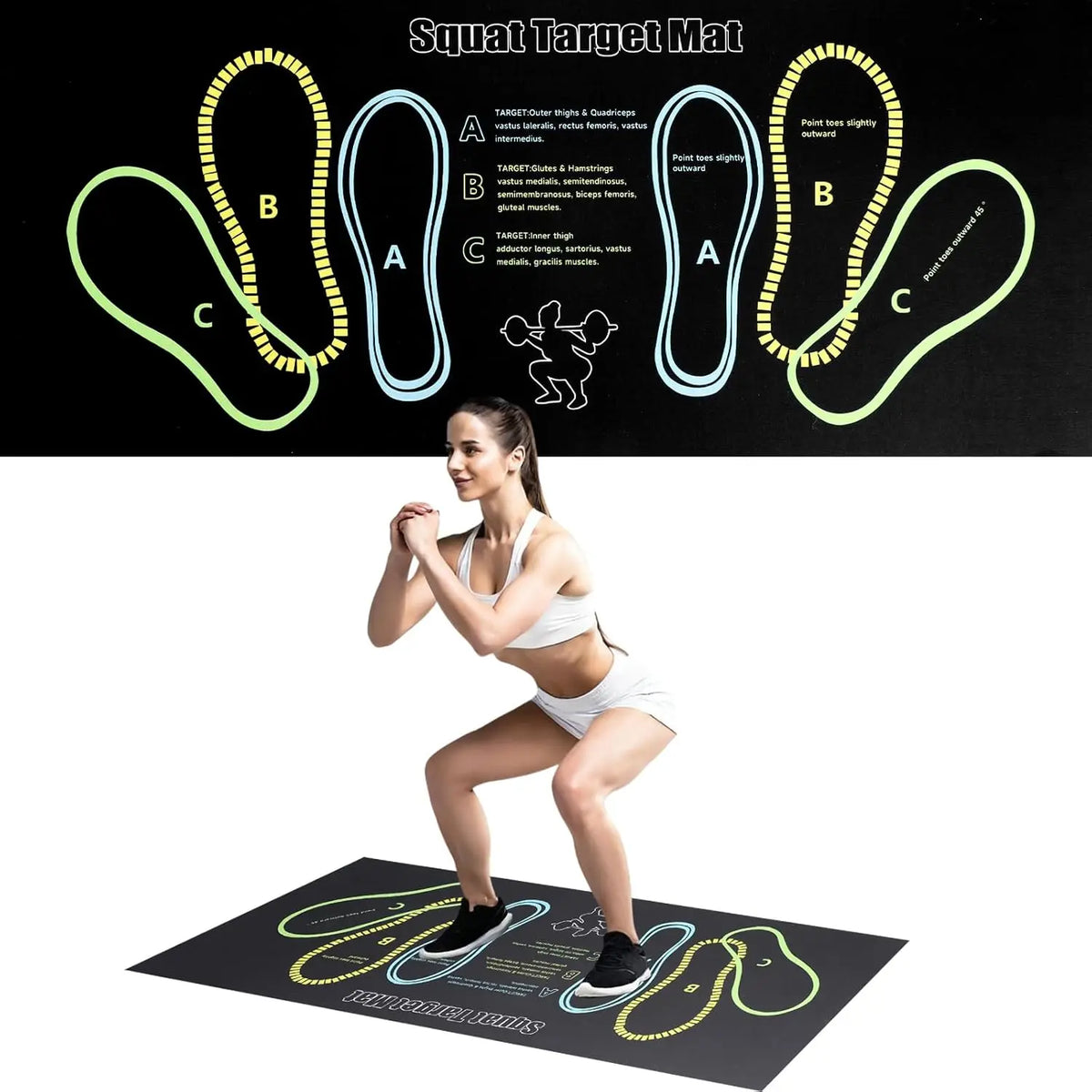 tapis squat noir blanc rose motifs chaussures pratique sportif yoga pilates exercices jambes hanches