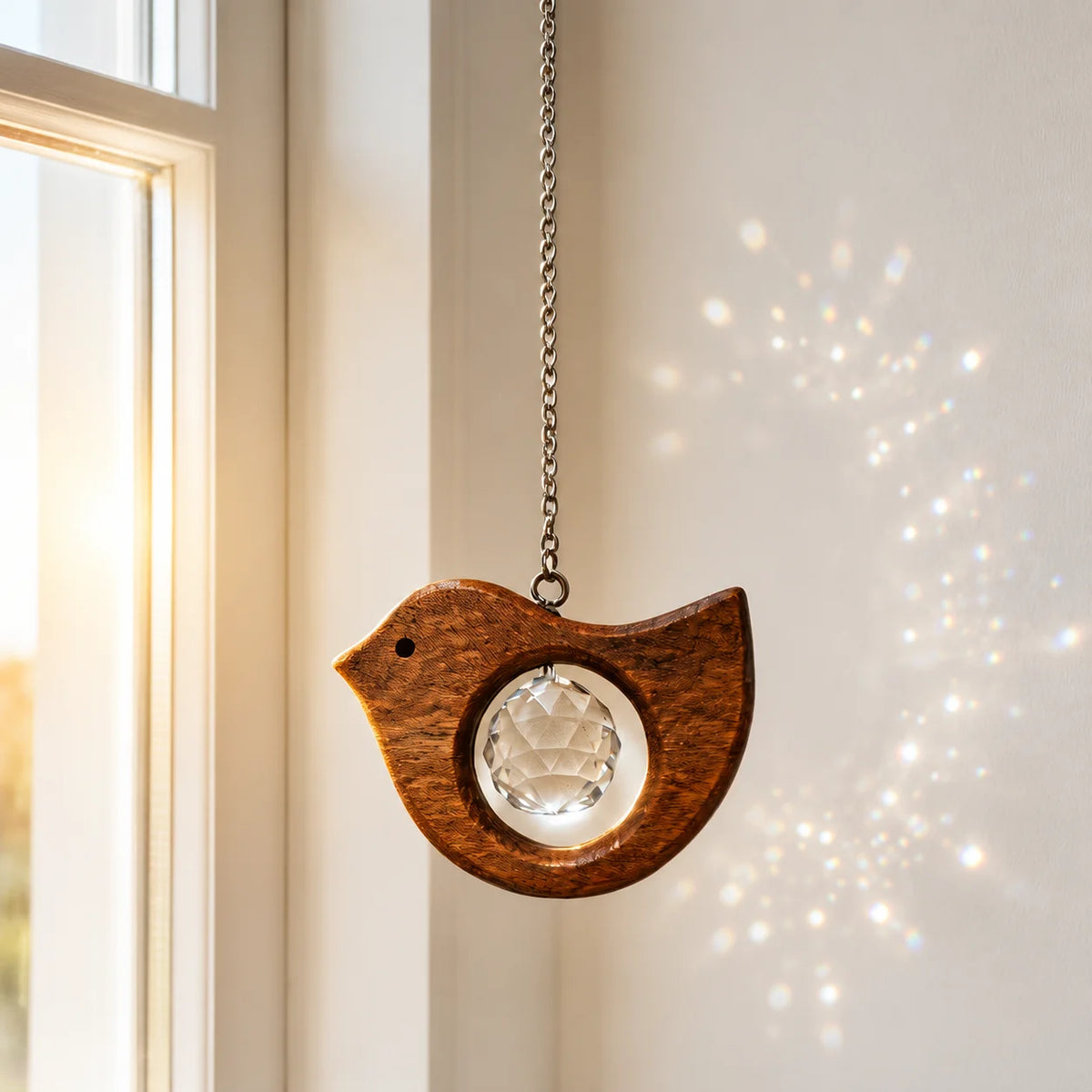 ornement suspendu suncatcher oiseau cristal bois naturel rustique arc ciel décoration fenêtre jardin maison