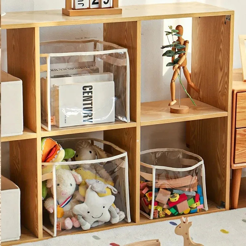 boîtes rangement transparentes moderne minimaliste poignées tissu enfant livres jouets
