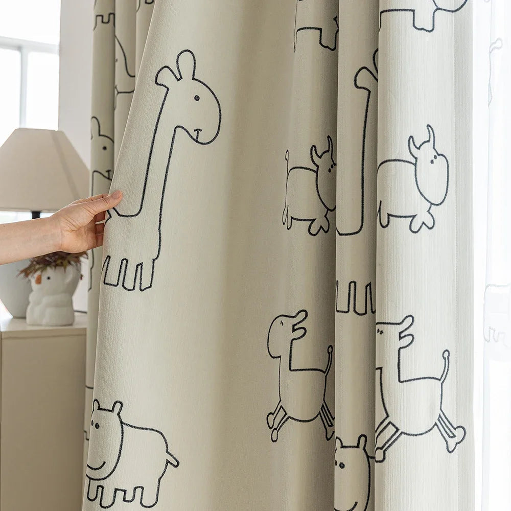 rideau moderne dessins animaux enfants translucide polyester beige anneaux métalliques chambre fille garçon