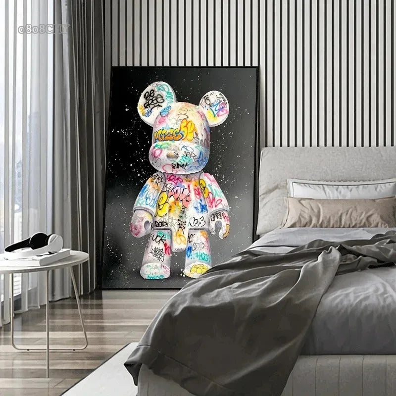 affiche moderne graffiti ours kawaii street art multicolore toile imprimée chambre decoration
