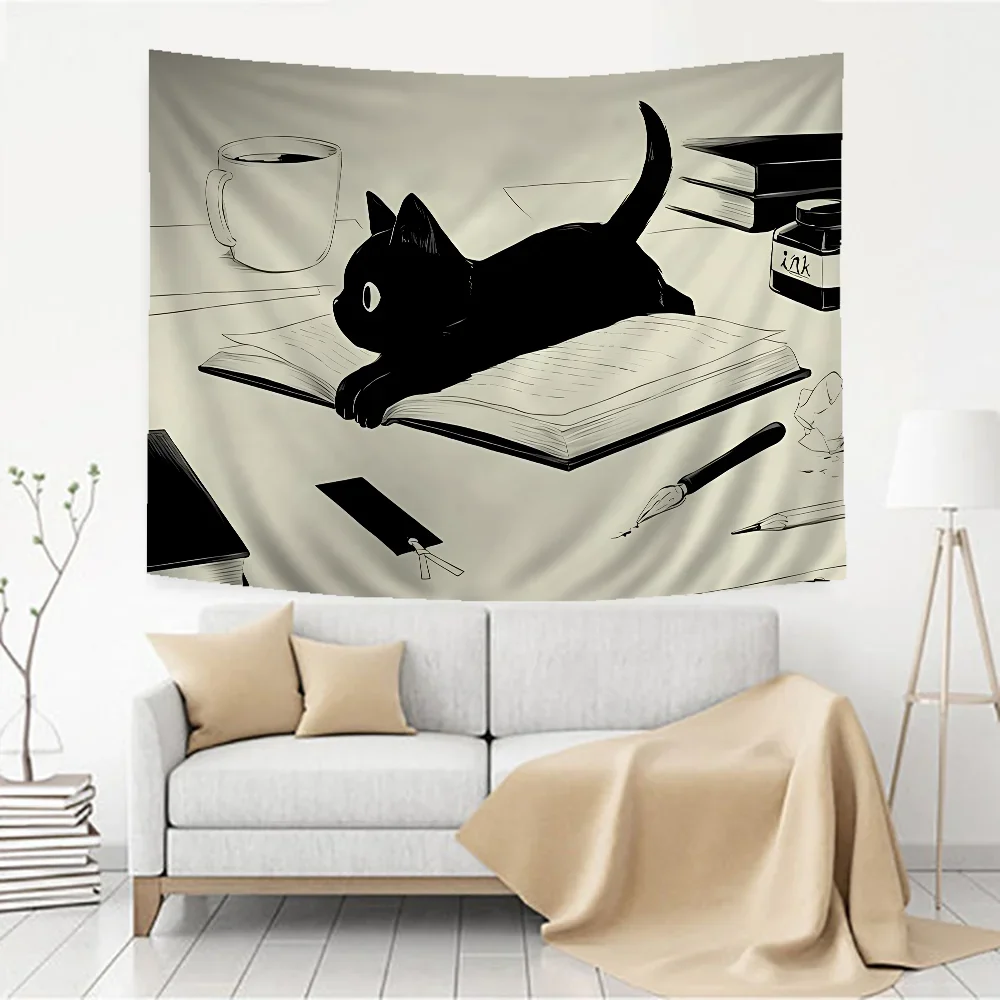 tapisserie murale moderne chat noir fond beige salon chambre décoration artistique livrable machine