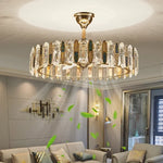lampe suspendue moderne élégante cristal brillant télécommande dorée led fixée ventilateur