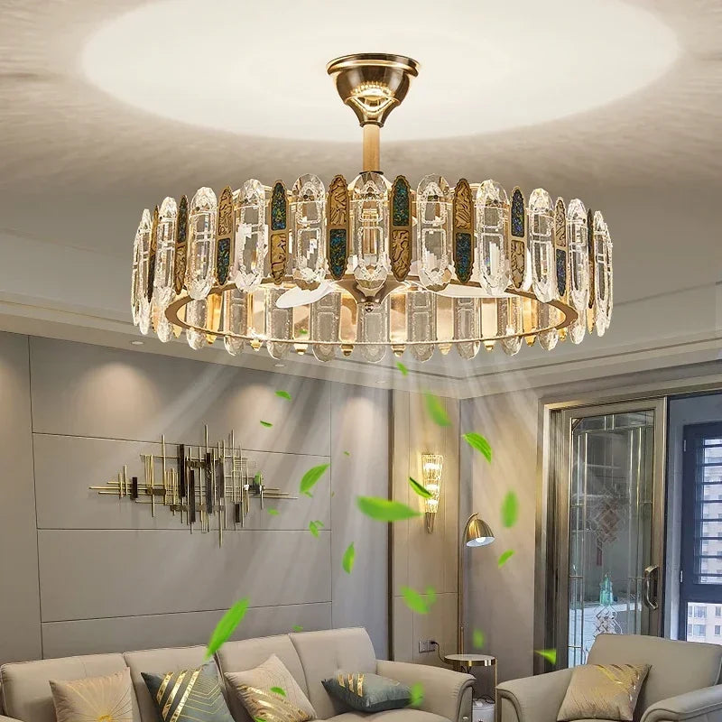 lampe suspendue moderne élégante cristal brillant télécommande dorée led fixée ventilateur