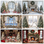 toile fond photo noel sapins cadeaux neige arbre cheminée guirlandes lumineuses fêtes enfants portraits