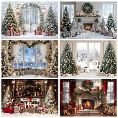 Toile de fond Noël fenêtre hiver cheminée arbre cadeaux couronne