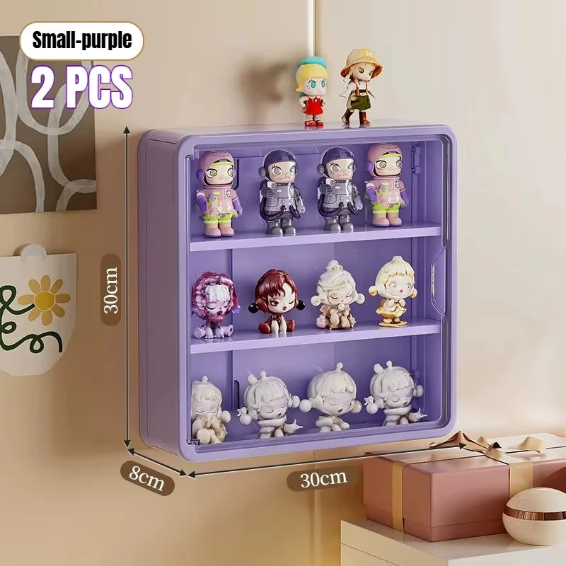 boîtes figurines transparentes modernes mur blanc violet pliables rangement anti poussière