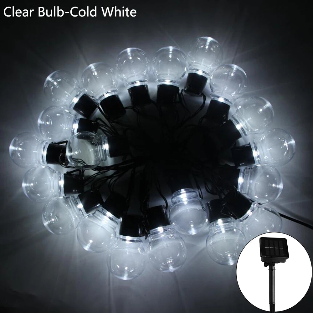 guirlande lumineuse solaire 12m 38 ampoules blanc transparent boules sphériques moderne spikesextérieur noël fêtes
