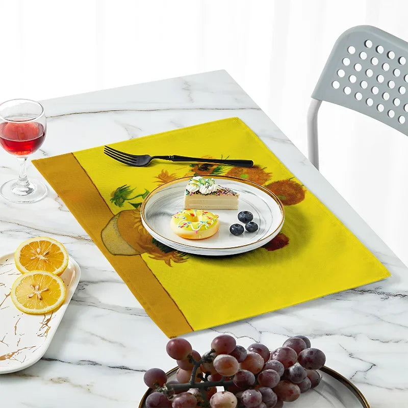 serviettes table lin classiques peintures célèbres nuit étoilée tournesols assiettes verres vin
