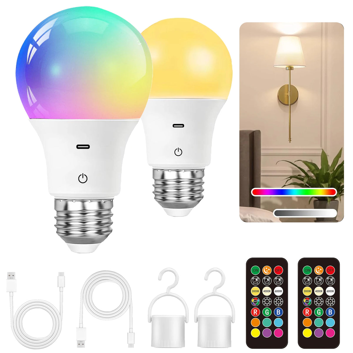 ampoules led rechargeables blanc multicolore éclairage moderne câble usb télécommande réglage couleursRGBO27