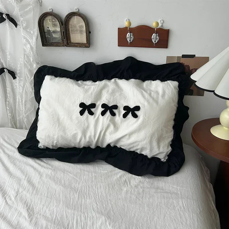 ensemble literie housse couverture taies nœuds noirs volants blancs filles doux