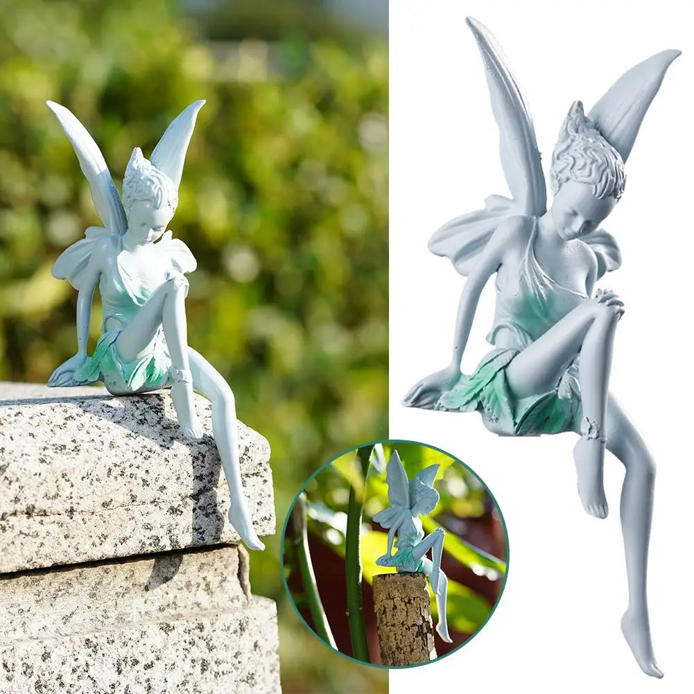 statuette féerique résine blanc vert clair ailes translucides robe tissu fin classique romantique décoration