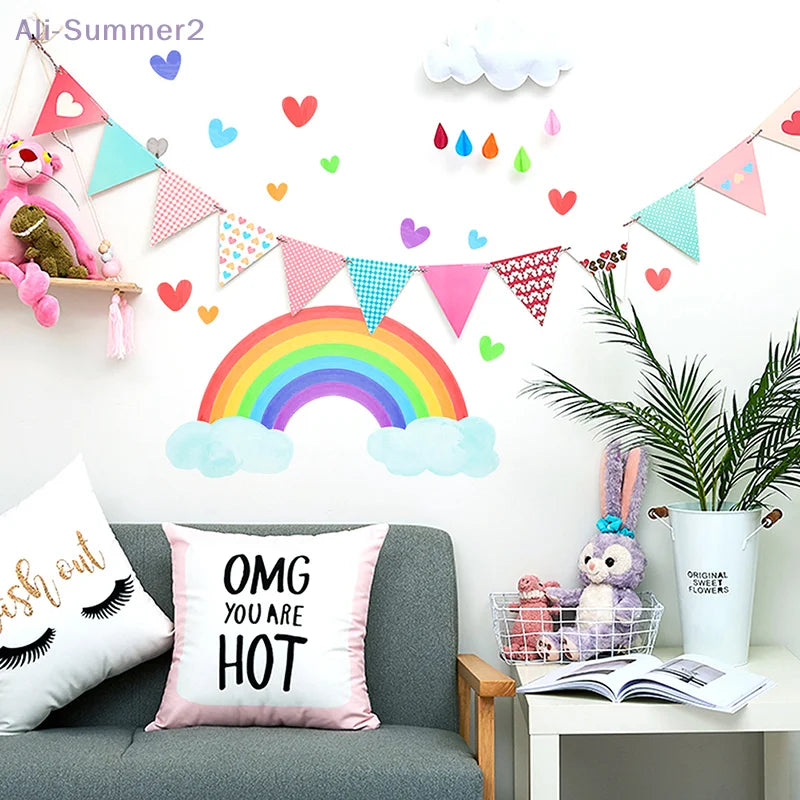 sticker mural lumineux arc ciel nuages coeurs moderne enfant chambre bébé décoration mur opaque