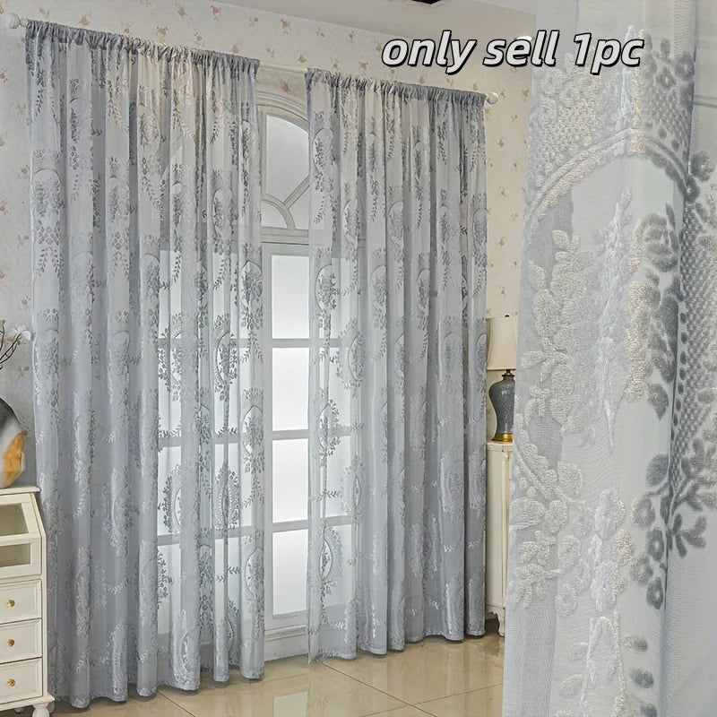 rideau classique semi transparent broderie florale beige gris clair fenêtre balcon salon chambre coucherextérieur