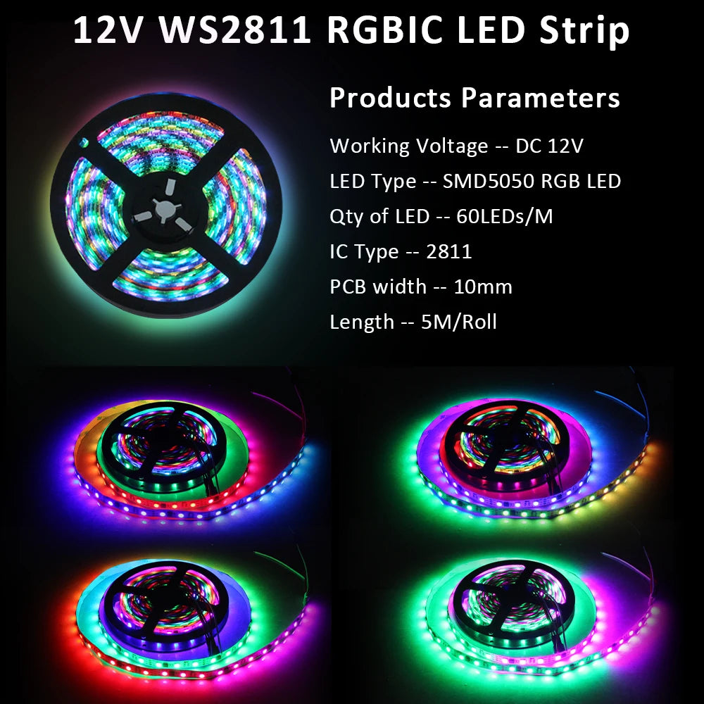 bande led multicolore contrôleur es32 capteur pir alimentation 12v câbles raccordement moderne adhésif 5m