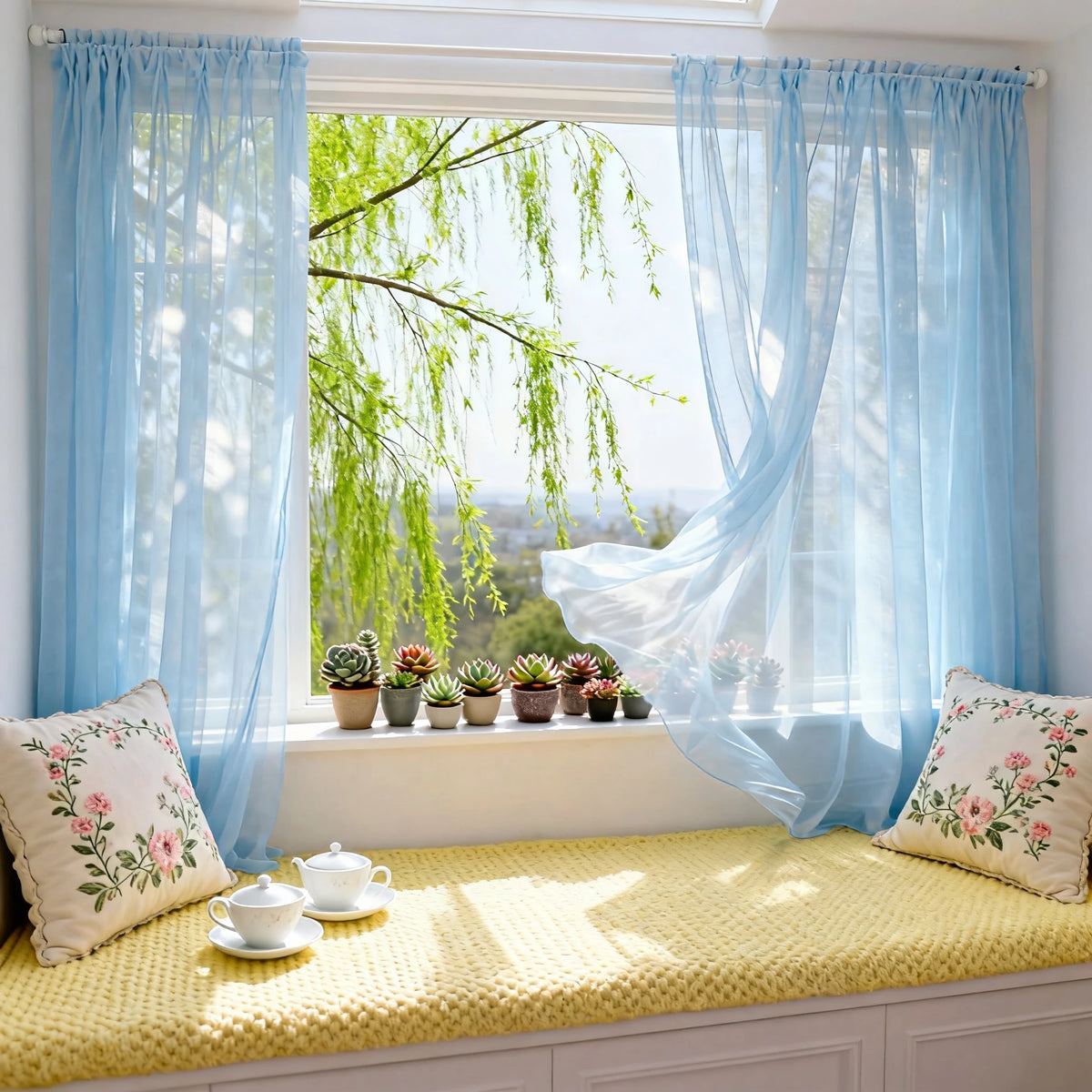 rideaux tulle transparent bleu clair moderne fenêtre 160x300cm deux panneaux polyester