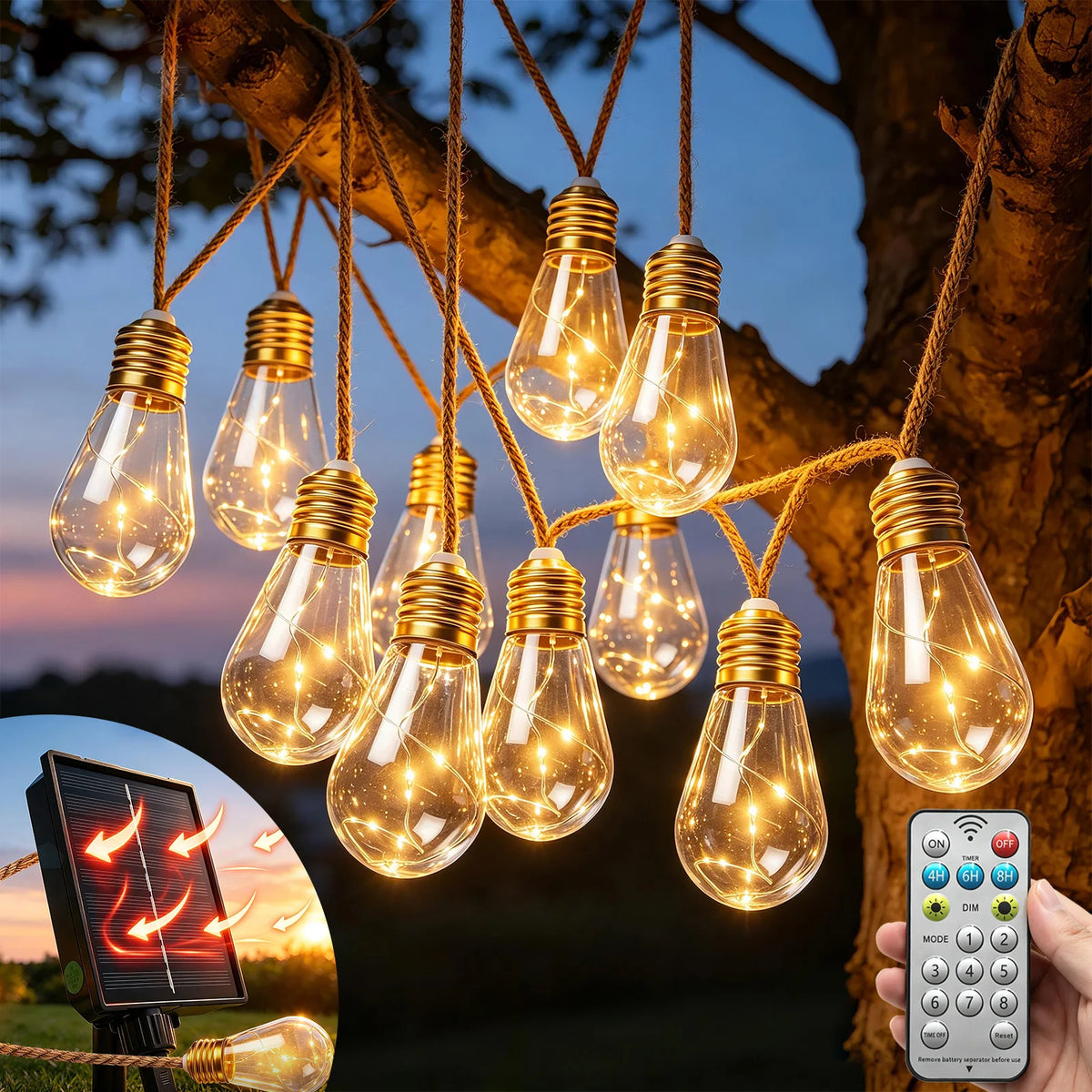guirlande lumineuse solaire 16 ampoules vintage transparente marron clair bohèmeextérieur
