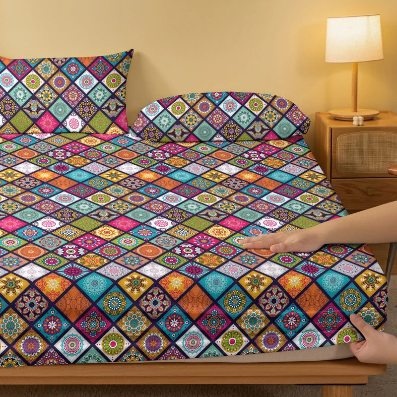 housse lit bohème motifs géométriques bleu turquoise rose orange vert