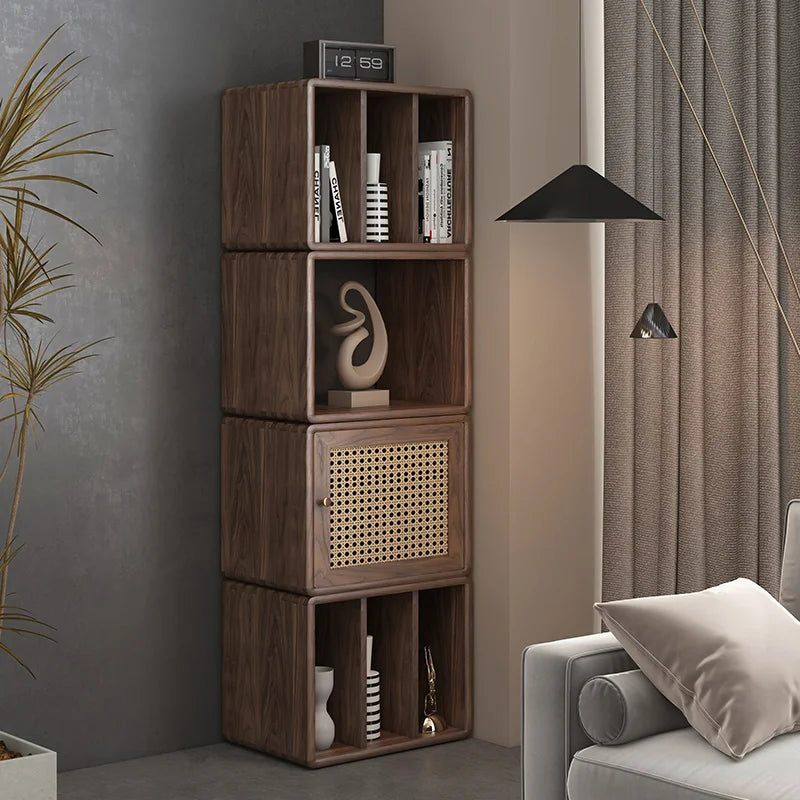 meuble modular bois clair grille moderne poignées vases bougies livres