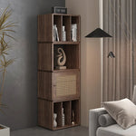 meuble modular bois clair grille moderne poignées vases bougies livres