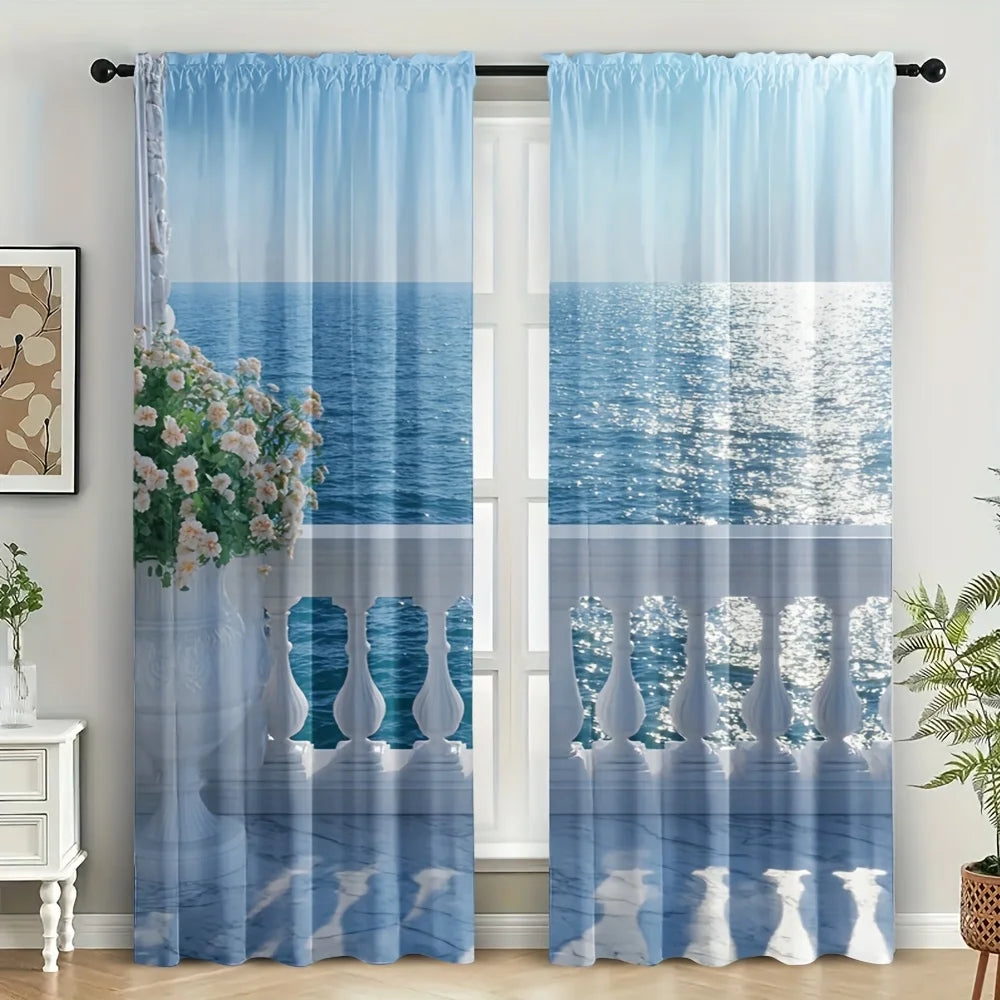 rideau imprimé paysage marin bleu blanc semi transparent moderne 24x59in 30x65in 41x91in 51x83in