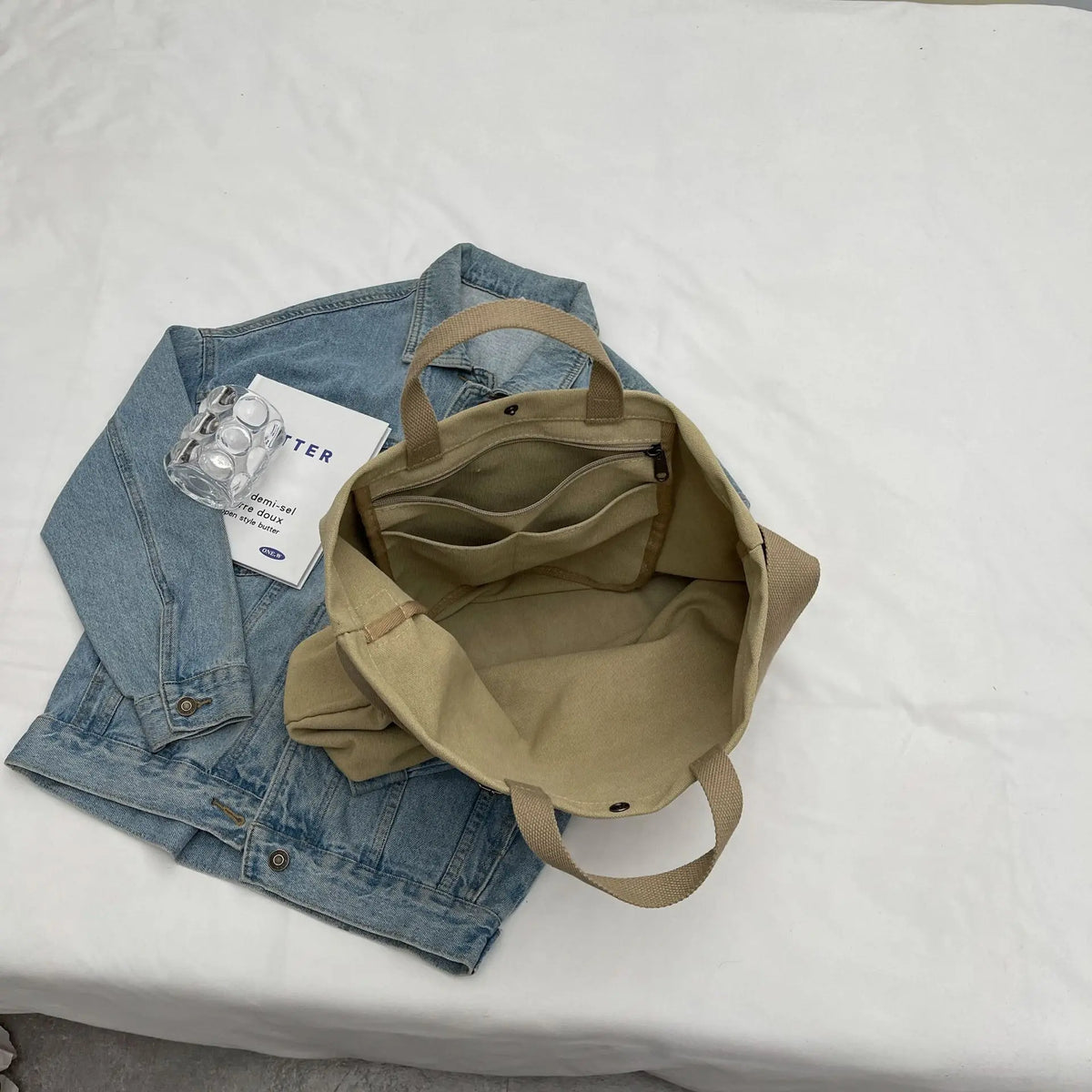 sac fourre tout tote bag toile décontracté lettre motif doux beige casual
