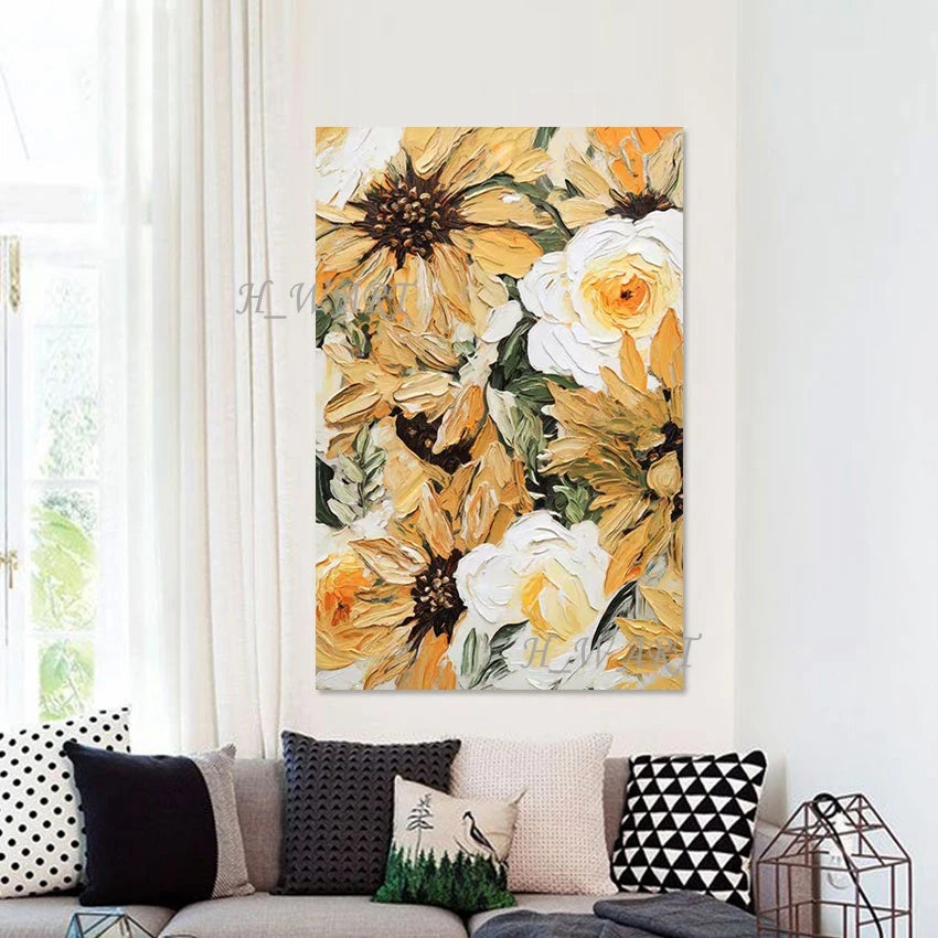 tableau abstrait impressionniste fleurs tournesols roses toile murale moderne sans cadre vertical huile