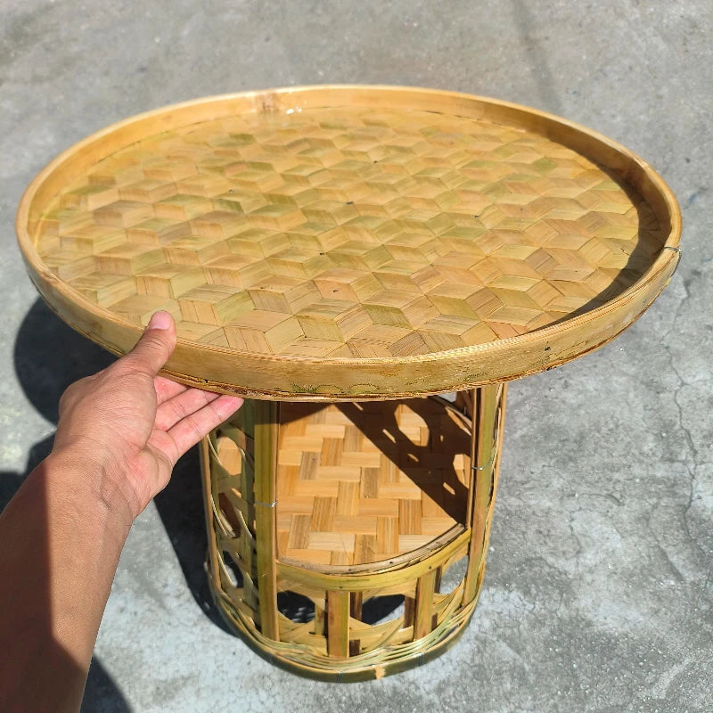 table basse bambou tissé rustique moderne table ronde artisanale naturelle motifs géométriques