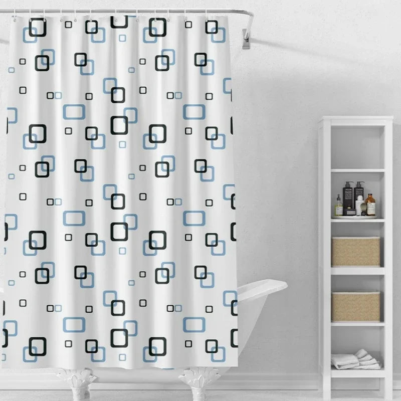 rideau douche moderne motif carré blanc noir bleu clair imperméable éva rapide séchage ourlet