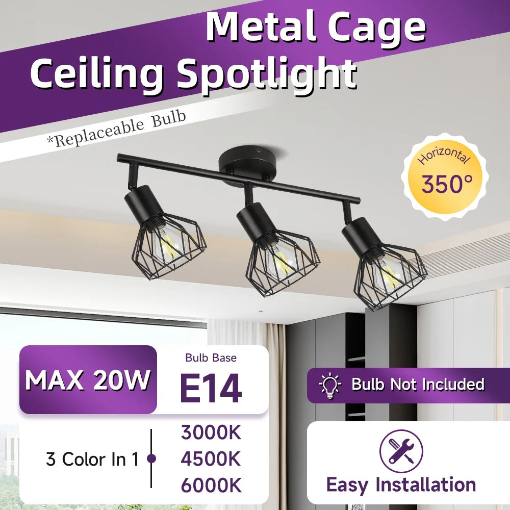 Spot industriel noir cage géométrique éclairage quotidien E14 E27 trois sources lumineuses