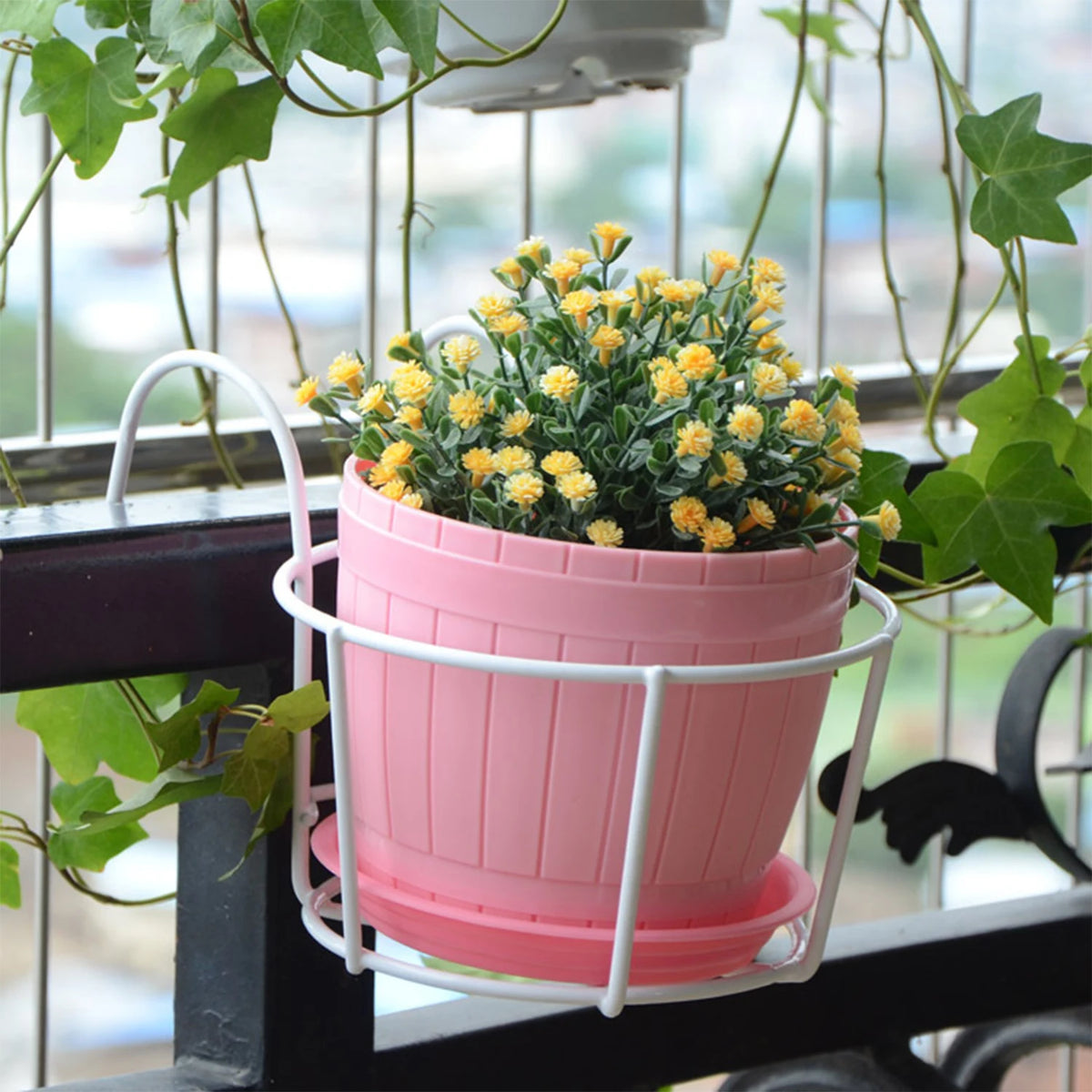 support pot fleurs rond fer noir blanc moderne clips balcon jardinage