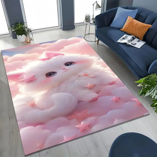 tapis salon moderne motif chat blanc mignon peluche doux décoration chambre bébé enfant maison