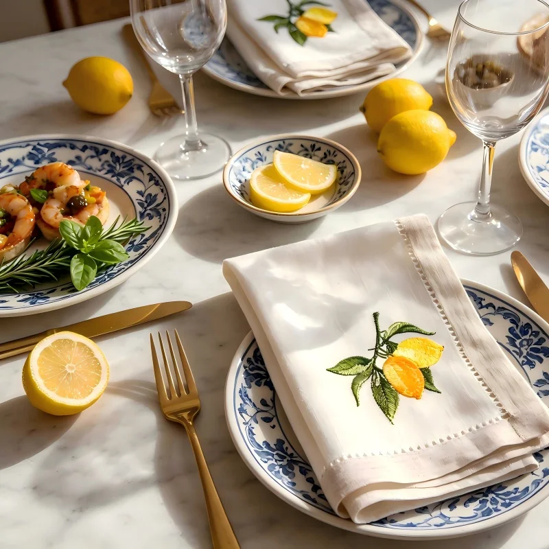 serviette classique brodée citrons blanc beige table restaurant decoration