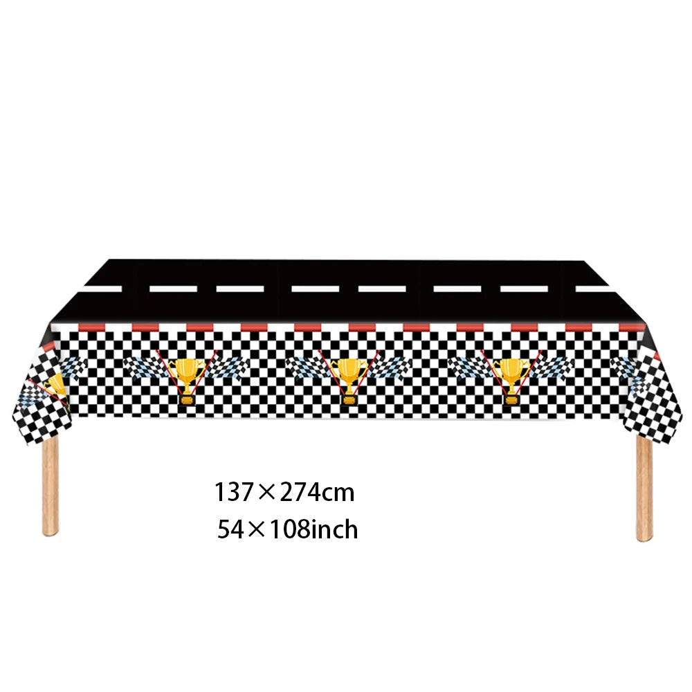 ensemble décoration anniversaire voiture course assiettes gobelets bannière table runner ballon géant papier