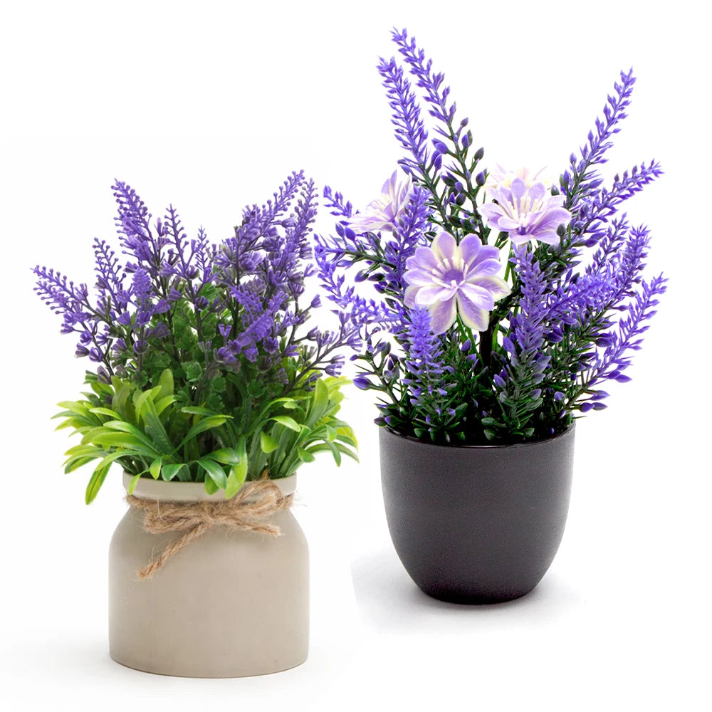 décoration intérieure plante artificielle lavande violette feuilles fleurs ruban vase gris noir rustic