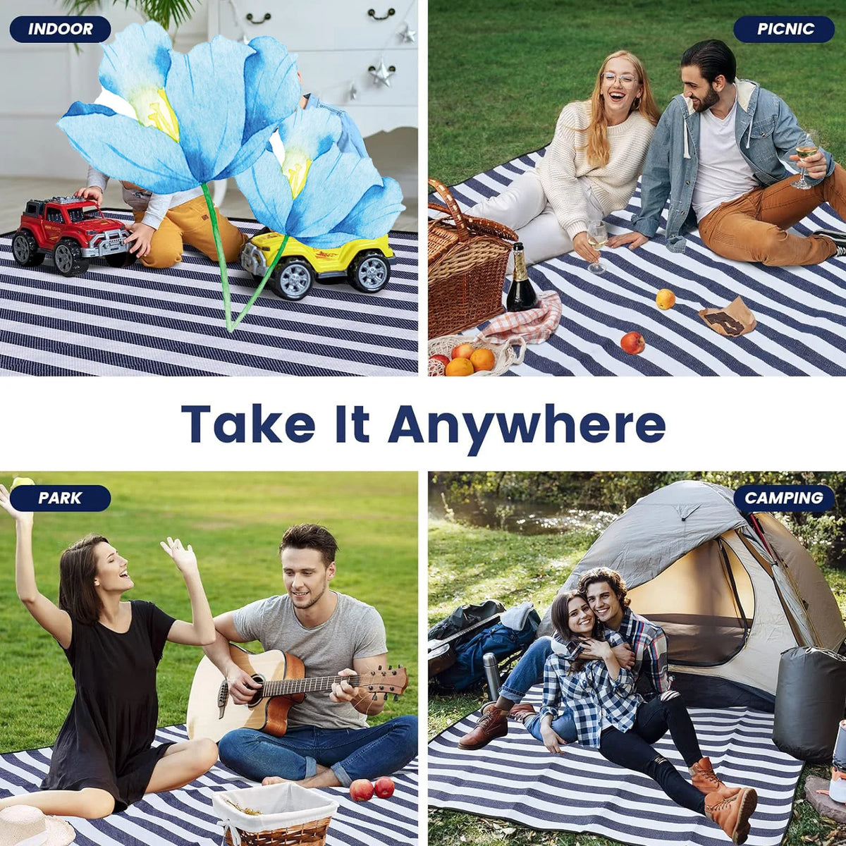 couverture pique nique bleu marine rayures horizontales ceintures marron imperméable pliable extérieure camping plage