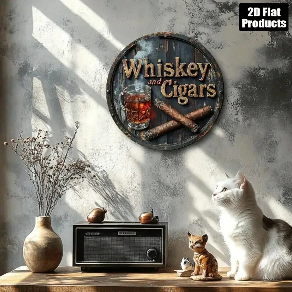 décoration murale plaque métal vintage whisky cigares gris brun beige relief texte fixations vis