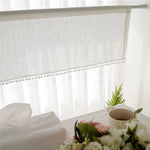 rideau blanc tissu lin pompons moderne rustique fenêtre 100x45cm 132x45cm 132x61cm