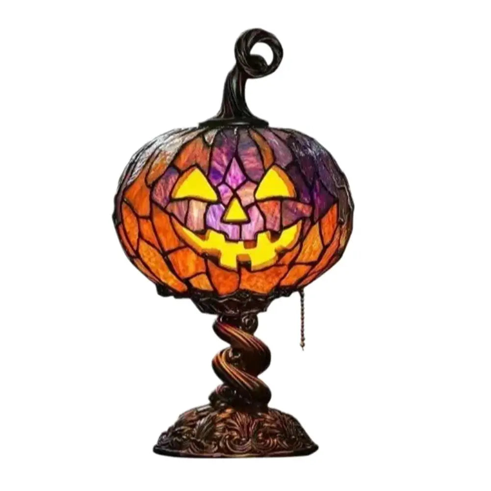 lampe table citrouille halloween artisanale résine orange violet jaune vintage chaines bronze