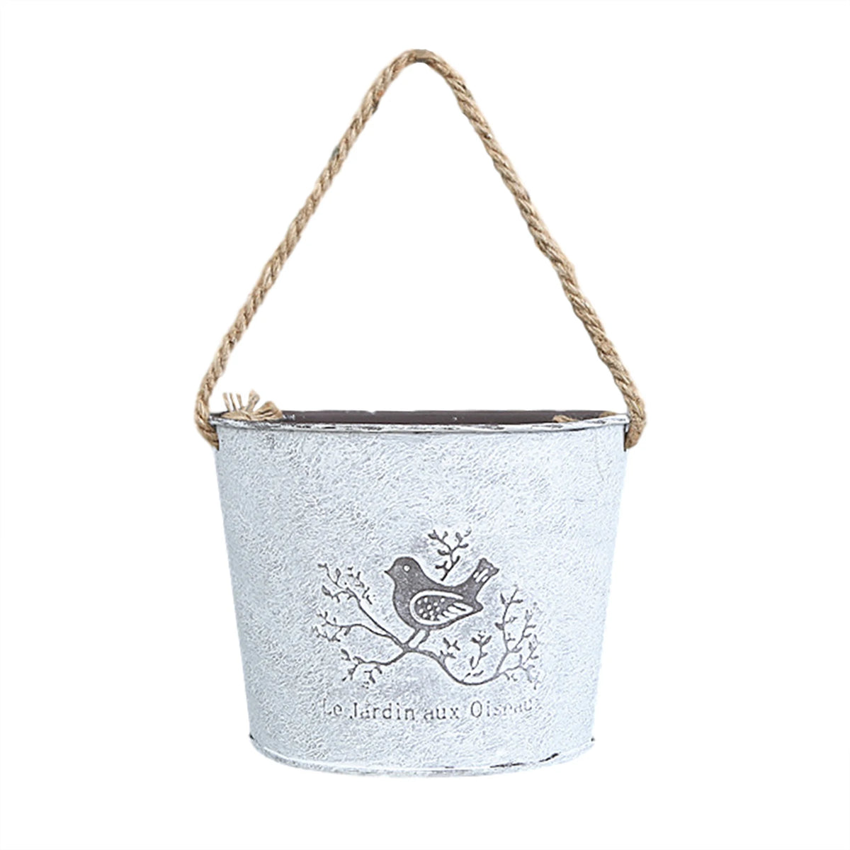 pots fleurs suspendus oiseau gravure gris métallisé vintage rustique corde naturelleintérieurextérieur