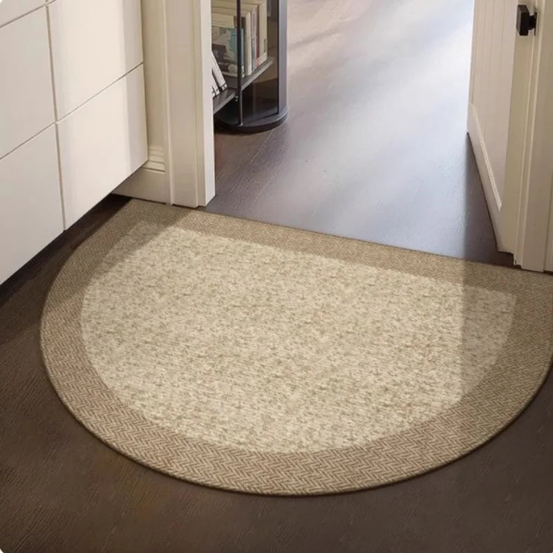 tapis demi circulaire beige moderne texture tissée motif géométrique antidérapant entrée cuisine salle bain