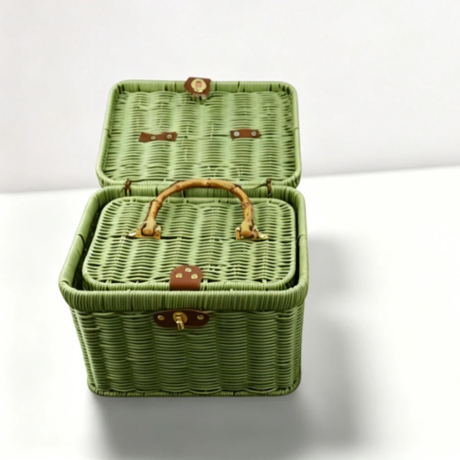 paniers rangement tressés rose vert marron poignées métalliques couvercle verrouillable vintage multifonctionnels