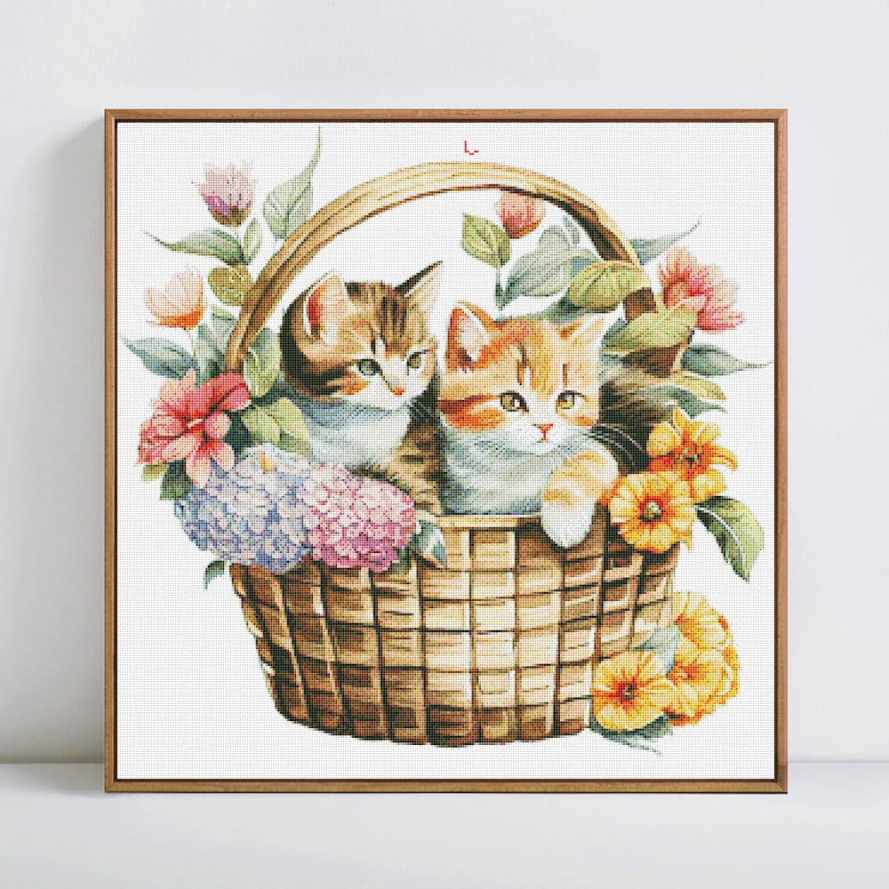 toile broder motif floral chats panier broderie coton moderne art populaire aiguilles fils instructions