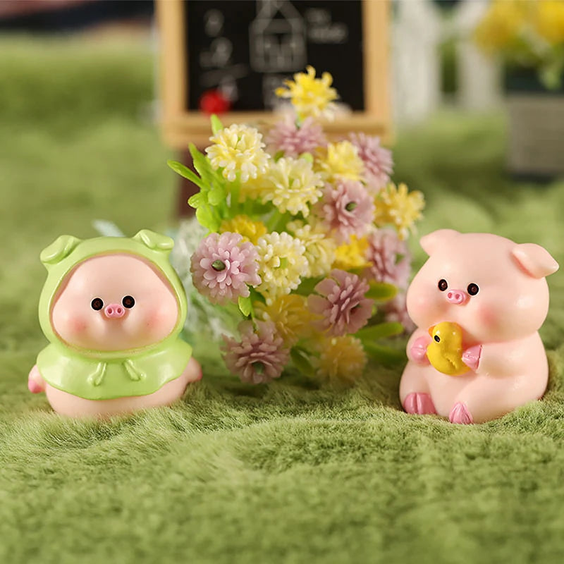 figurines cochons mignons résine rose vert bleu jaune cartoon détaillées coquillage ruban oiseau grainesDecorationJardin