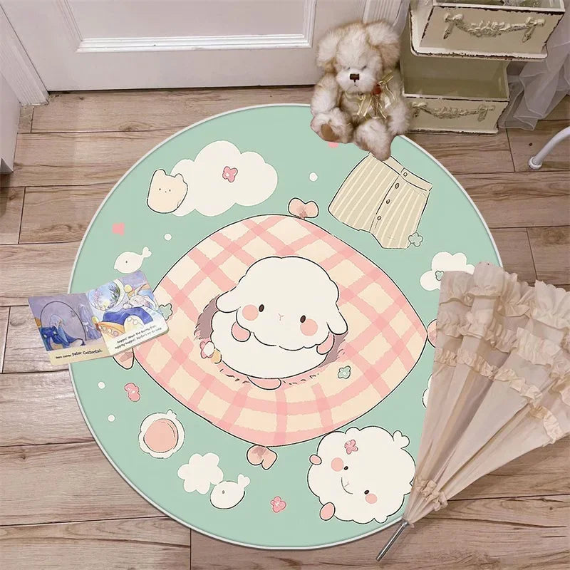 Ce tapis rond aux motifs mignons et colorés avec des nuages et des formes géométriques pastel crée un environnement douillet et apaisant pour les tout-petits.