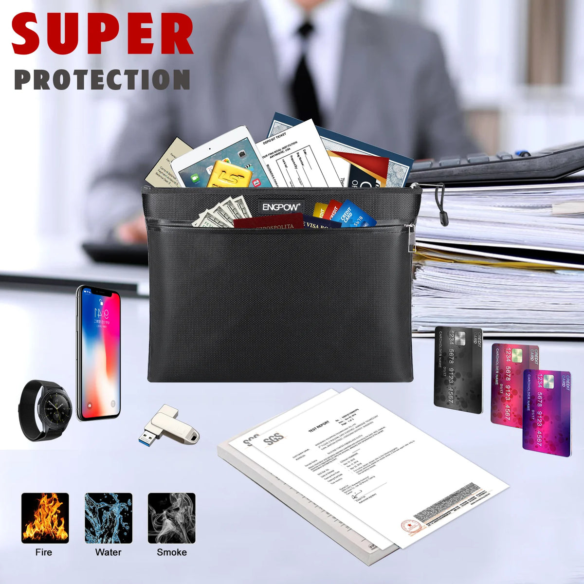 sac zippé rectangulaire noir tissu texturé multifonctionnel pliable moderne utilitaire documents papier smartphone