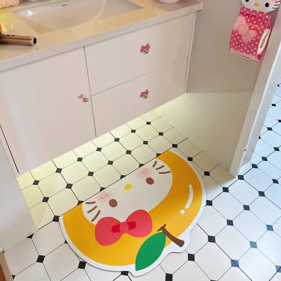 tapis sol antidérapant polyester salle bain dessin animé hello kitty arc rouge détails roses
