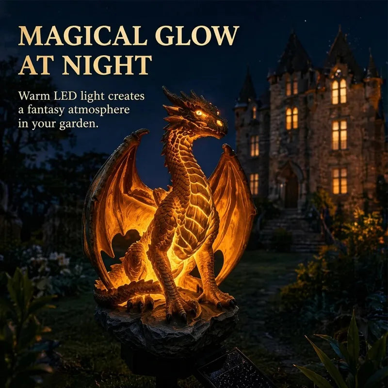 statue dragon solaire extérieur or noir jaune marron écailles ailes lumière led base roche