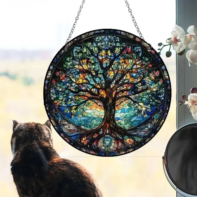 décoration murale vitrail arbre floral lever soleil suspendu chambre fenêtre translucent