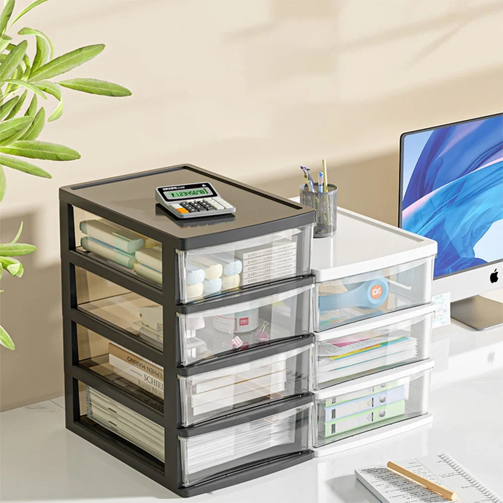 organiseur rangement transparent noir blanc tiroirs empilables boîtes bacs fournitures cosmétiques modernes minimalistes